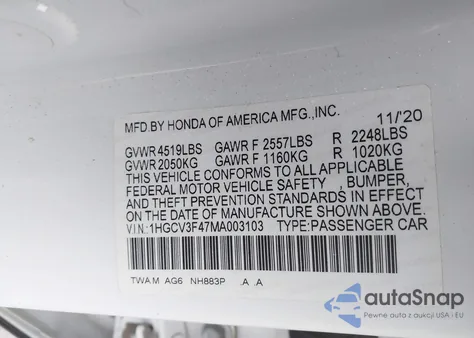 2021 Honda Accord Hybrid Ex из США, поврежденный, VIN 1HGCV3F47MA003103